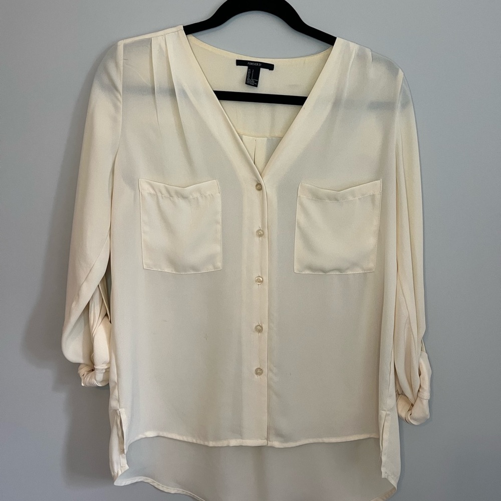 Forever 21 - Cream V-Neck Blouse - Button Up - Small
